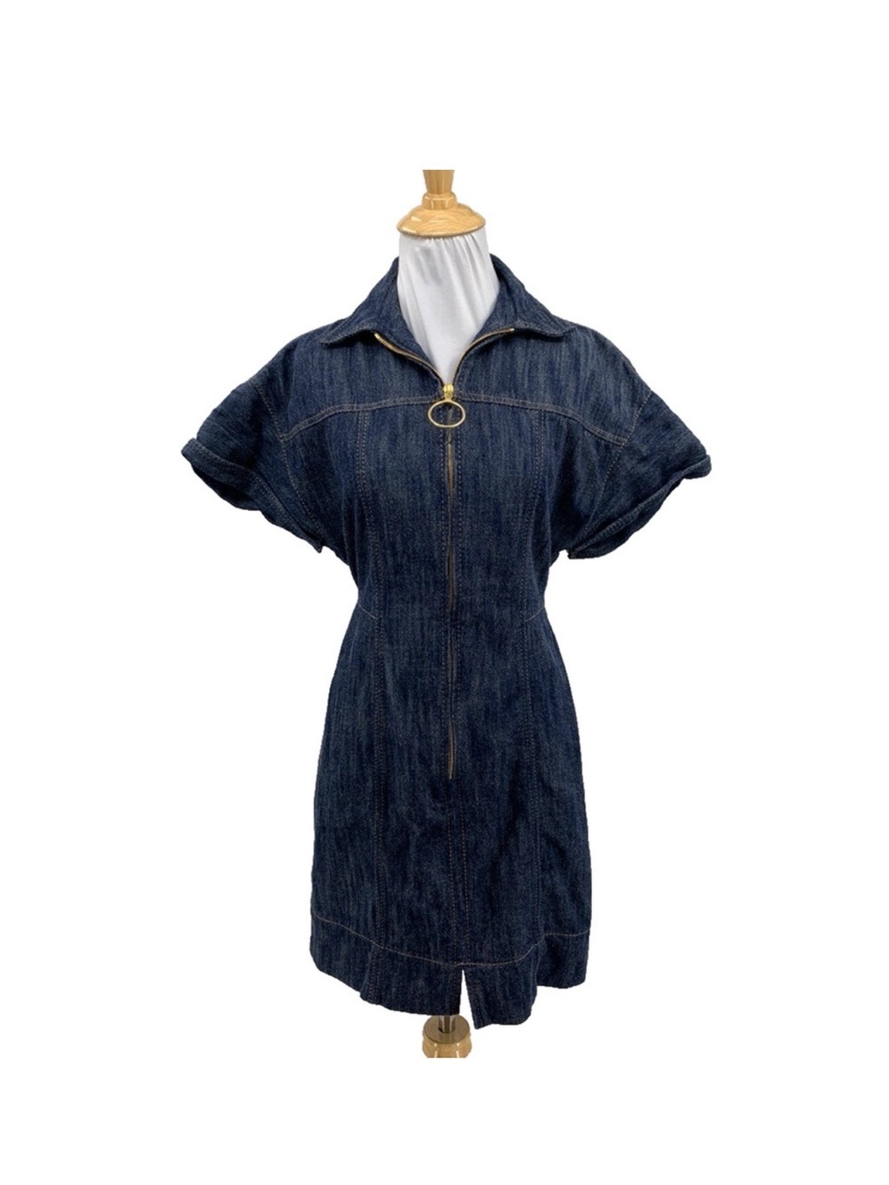 Akris Punto Dress Womens Denim Point Collar Front Zip Drop Shoulder